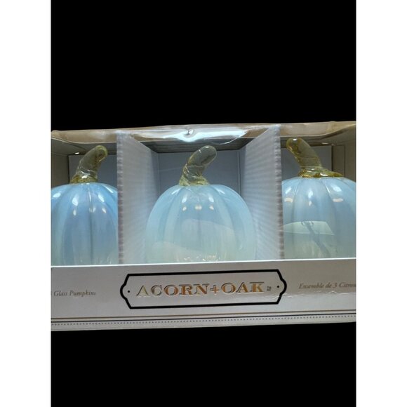 Set Of 3 Acorn + Oak Harvest Collection Glass Pumpkins Iridescent White With Gol - Picture 3 of 10